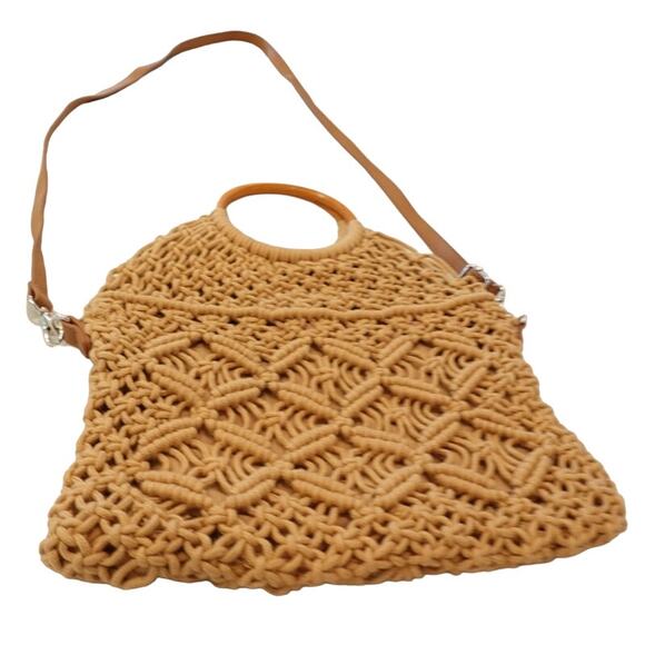 ZIPPER CLOSER TAN MACRAME RING CROSSBODY BOHO BAG - Picture 3 of 13